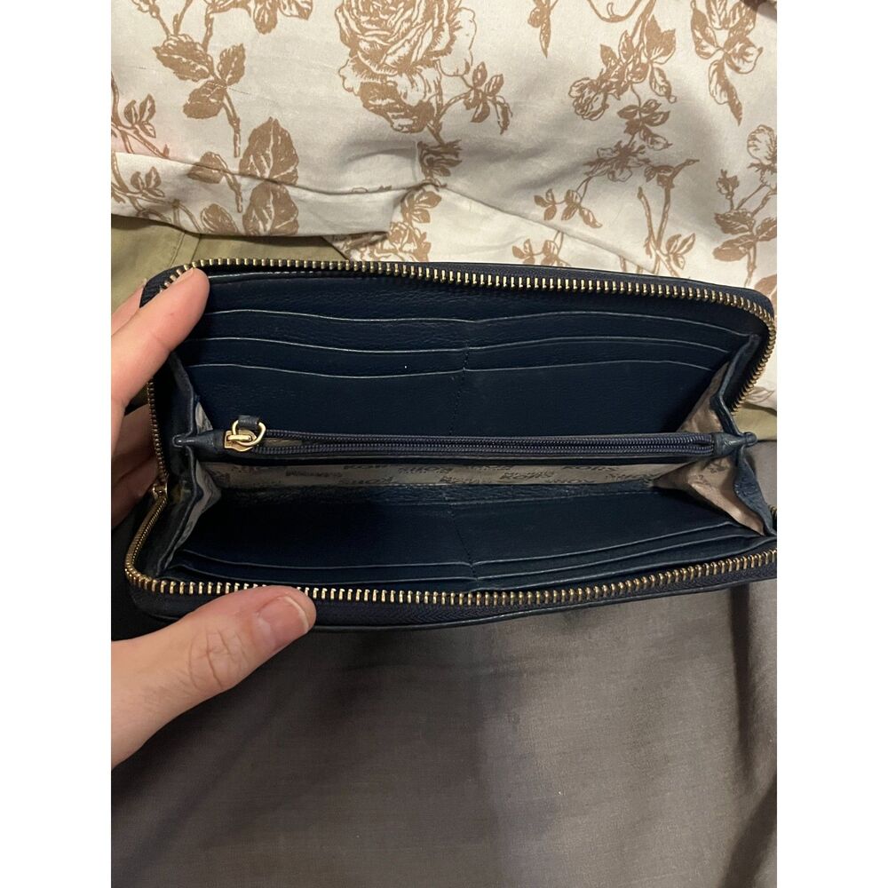 Michael Kors Navy Blue Leather Zip Around Wallet Gold Plate Logo - Picture 2 of 5